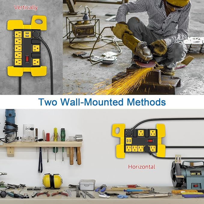 Heavy Duty Power Strip with USB, Workshop 8 Outlet Surge Protector 2700 Joules, Industrial Metal 15Amp Power Strip, 6 FT Extension Cord and Wide Spaced Black.