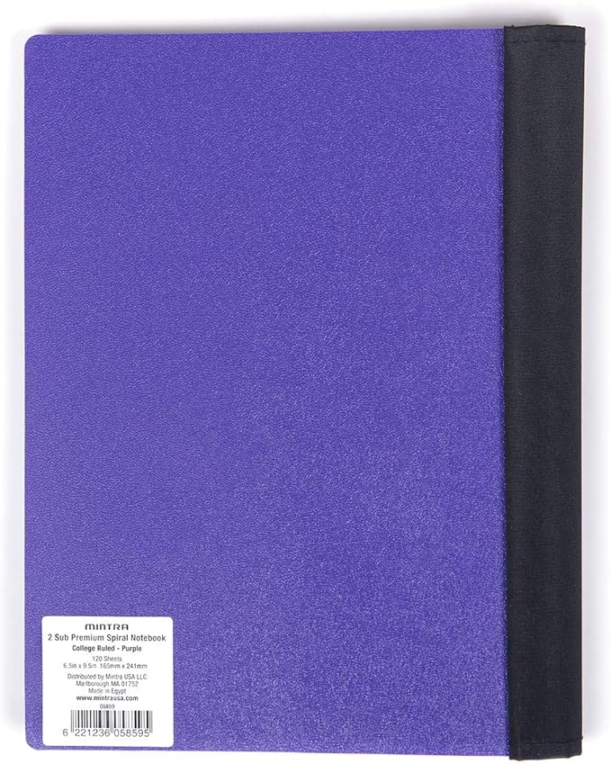Mintra Office Durable PREMIUM Spiral Notebook, ((Purple, 2 Subject (6in x 9.5in)), Wire, Fabric Covered Coils, No Snags, Removable Adjustable Pocket Dividers, Ruler, Organization, Customizable