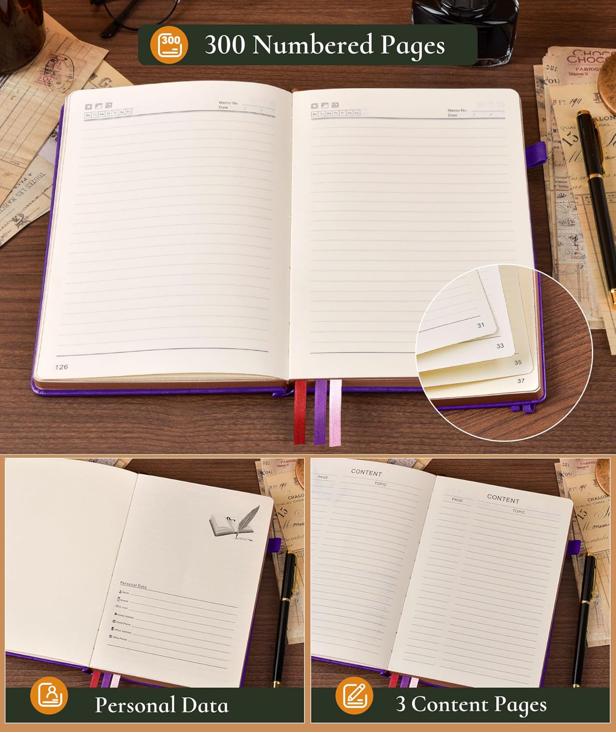 Vintage Leather Journal - 300 Page Lined Journal Notebook with Numbered Pages,A5 Notebook for Women Men,Travel Diary,Daily Journal for Writing, Note Taking, School & Work (5.8" x 8.3")