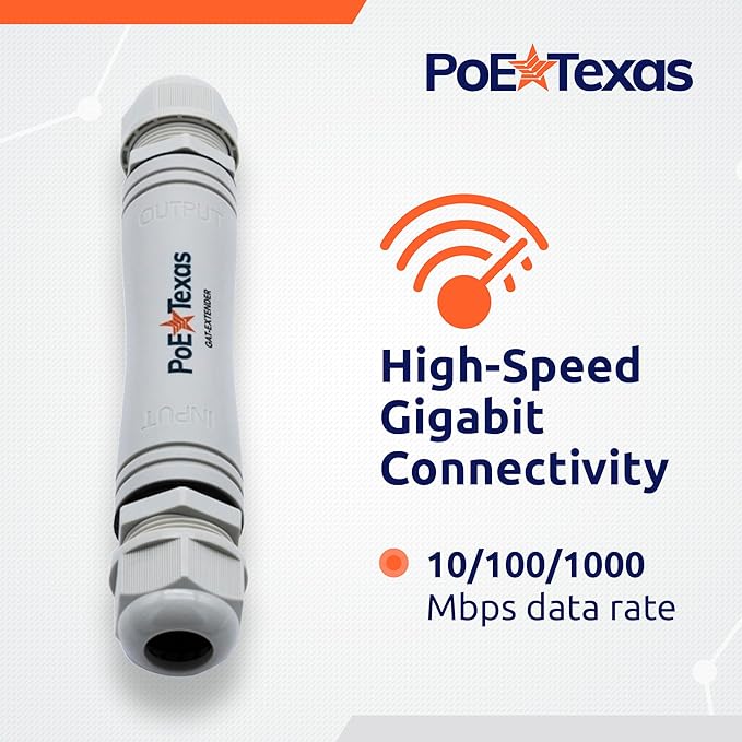 PoE Texas Outdoor PoE Repeater - Plug & Play IP67 Waterproof Extender Expands 22 Watts of Power & Gigabit Data up to 330' to High Powered Devices - Compatible with IEEE 802.3af/at Switch or Injector