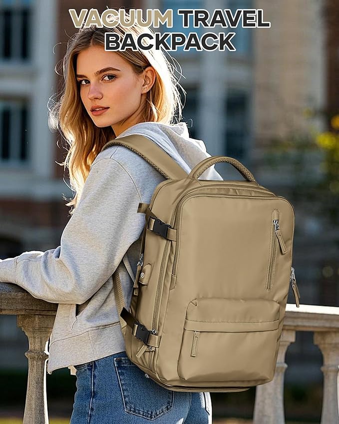 Vacuum Travel Backpack with Pump for Women,Personal Item Carry on Backpacks Flight Approved 18x14x8 inches for Men,Laptop Waterproof Work Compression bags Casual Daypack Khaki
