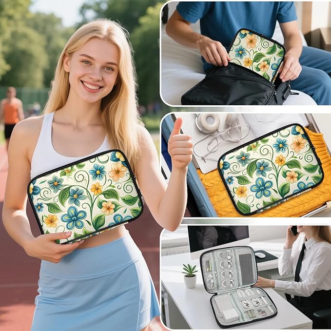 Blue Orange Flowers Electronics Travel Organizer Case, Tech Accessories Cable Storage Bag for Cords, Charger, Phone, Hard Drive