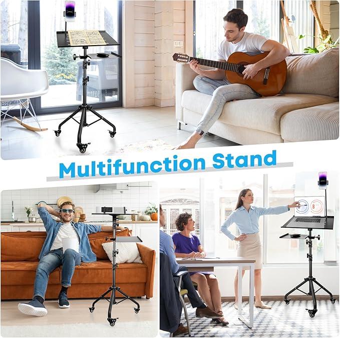 Portable Laptop & Projector Stand with Phone Holder and Mouse Tray ,Adjustable Height Tripod Stand for Laptop, Projector, DJ, Sheet Music,Black