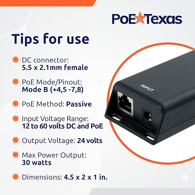 PoE Texas 24 Volt Passive PoE Injector (Mode B) - DC-Powered Gigabit Inline Converts 12-60V in to 24 Volt Passive PoE Out Up to 30 Watts - Variable DC PoE Injector for Solar Powered Installations