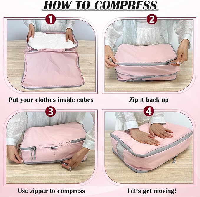 Extra Large Compression Packing Cubes for Travel Essentials, 2 Set Expandable Travel Cubes for Packing Compression Bags Luggage Suitcase Organizer, Pink