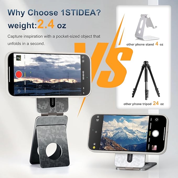 Phone Tripod Stand, Aluminum Alloy Mini Tripod Compatible with Magsafe iPhone 17/16/15/14/13/12 Series, Foldable Strong Magnetic Phone Stand, Mult-Angle Adjustment Selfie Stick