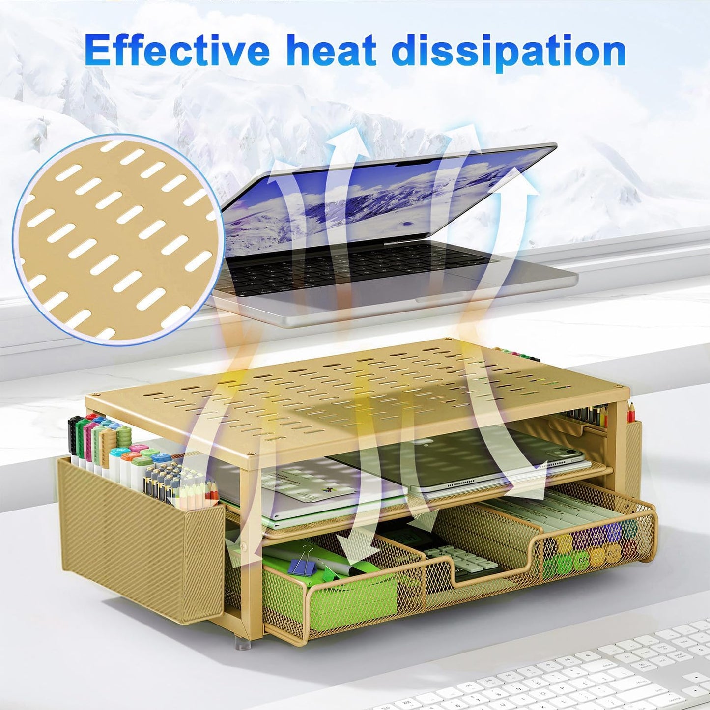 gianotter Desk Organizers and Accessories, Monitor Stand with Drawer and 2 Pen Holder, Desktop Organizer Suitable for Offices and Dormitories (Gold)