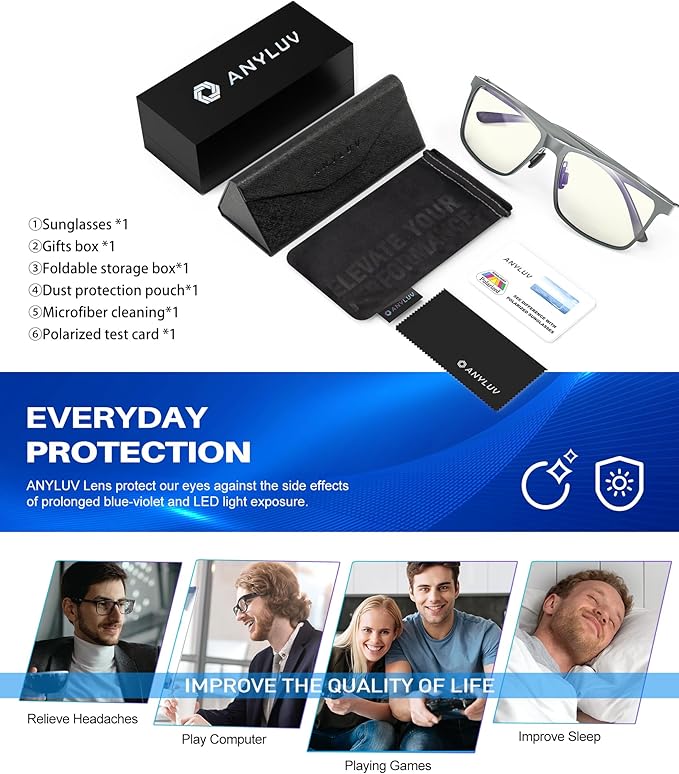 ANYLUV Blue Light Glasses Men, Relieve Eyestrain and Eye Protection, Al-Mg Metal Computer Blue Light Blocking Glasses