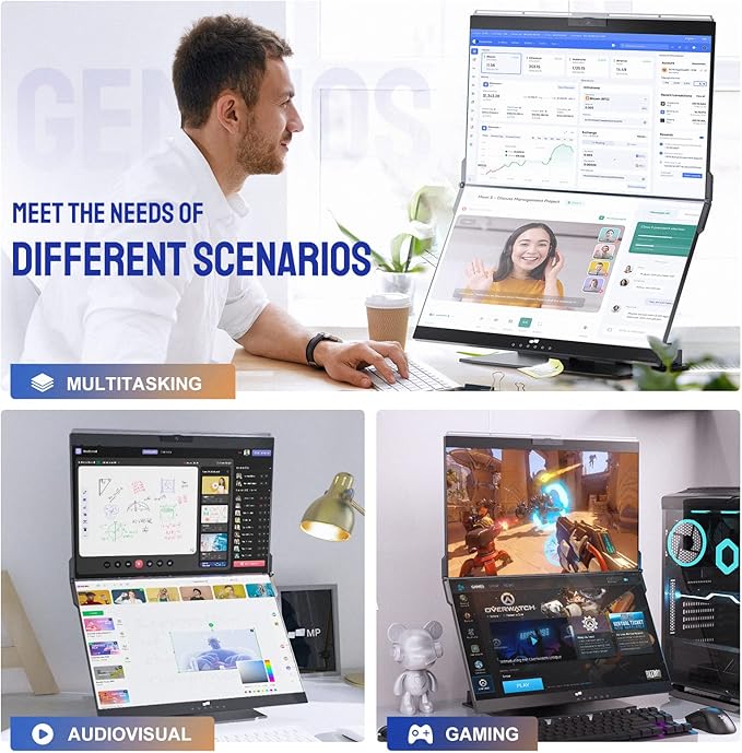 Mobile Pixels Geminos Dual 24" FHD Stacked Desktop Monitors with 1080P Webcam&Speakers, 100W USB-C Charging, All-inclusive HDMI/USB A/USB C Infinitely Adjustable Computer Monitor (2 Monitors)