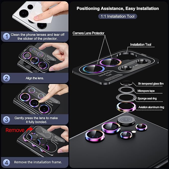 WSKEN for Samsung Galaxy S24 Ultra Camera Lens Protector, Ultra Thin Scratch Resistant 9H Tempered Glass with Aluminum Metal Circle Camera Screen Protector Cover Accessories, Colorful