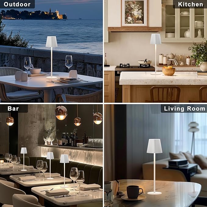 Kakanuo Cordless Table Lamps Pack of 4, Portable LED Battery Operated Lamp, Wireless Rechargeable Lamp, 3 Color Stepless Table Lamp for Restaurant, Bar, Party, Camping and Bedroom - White