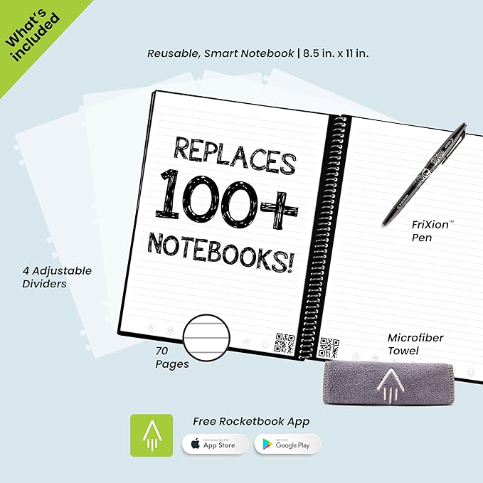 Rocketbook Multi-Subject Reusable Smart Notebook | Eco-Friendly, Digitally Connected Notebook with Dividers | Lined, 8.5” x 11”, 70 PG, Black, with Pen, Cloth, and App Included