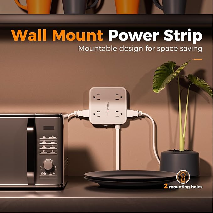 Surge Protector Power Strip, TESSAN Flat Plug Extension Cord with Multiple Outlets, 8 AC Outlets, 3 USB Ports(2 USB C), 5 Ft, 900 Joules Protection, 3-Sided Charging Station for Home Office Dorm Room