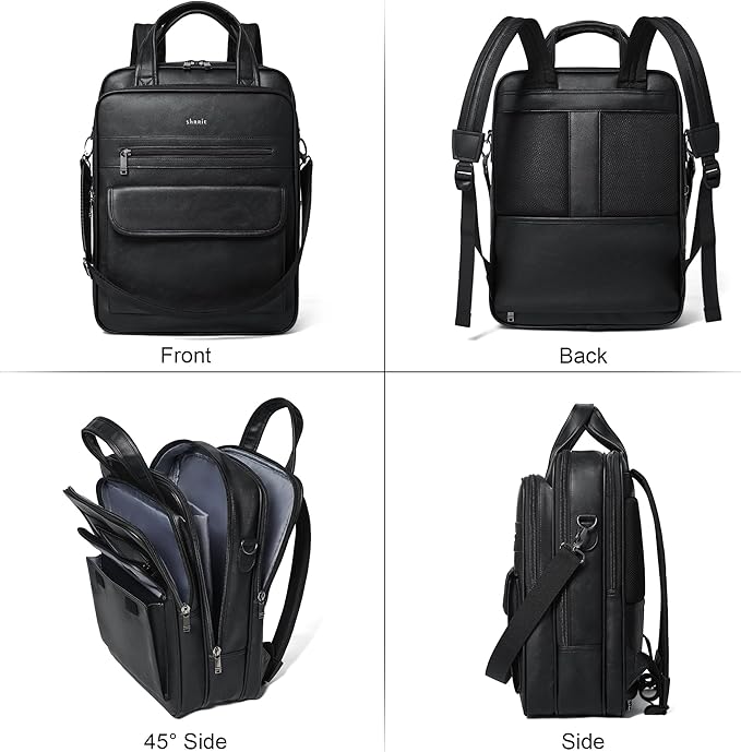 Shrrie Laptop Backpack for Women and Men, 15.6 Inch Vegan Leather Computer Backpack Professional Water-Resistant Casual Daypack for Work Business College Travel Office,Two-toned Black