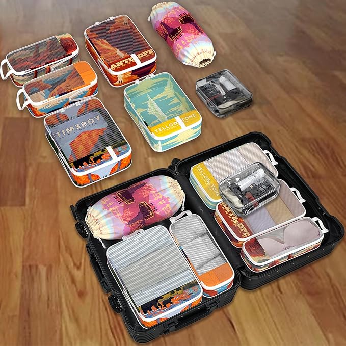 Compression Packing Cubes for Travel, 7 Set National Park Expandable Mesh Luggage Organizers, Waterproof Expandable/Compression Bags Travel Packing Cubes with Clear Toiletry Bag