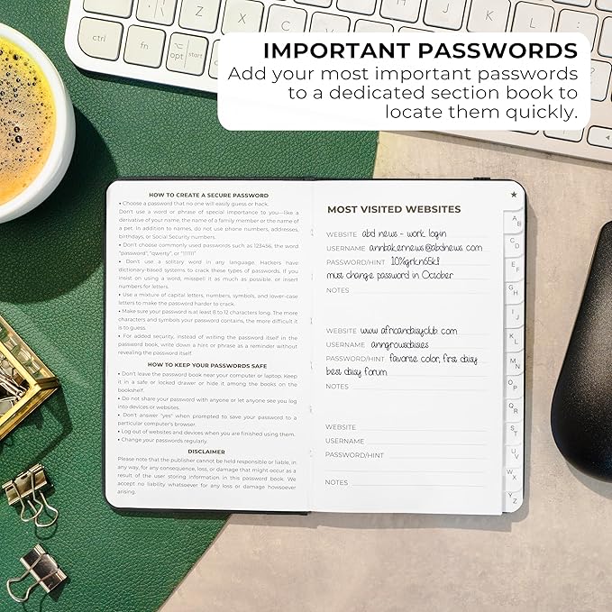 Clever Fox Password Book 2nd Edition Small – Pocket Password Keeper with Alphabetical Tabs – Internet Address Notebook & Login Details Organizer Journal – 3.5x5.6” (Black)