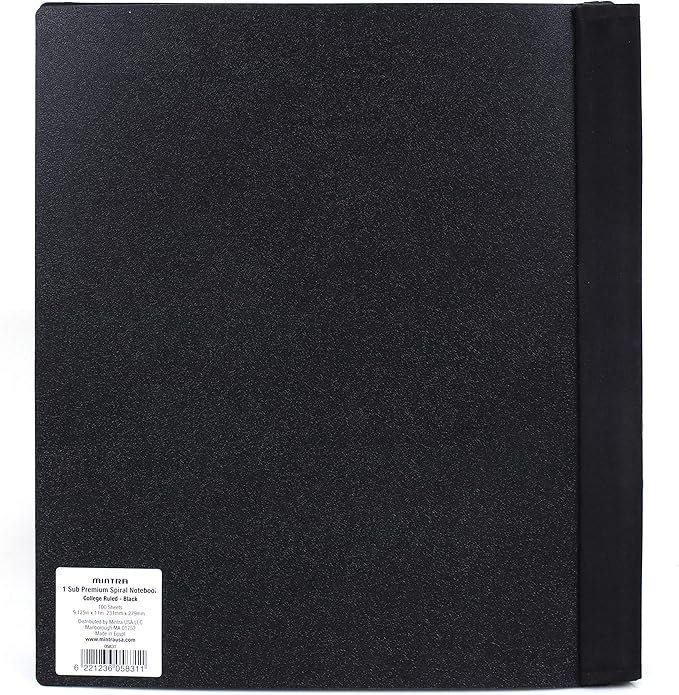 Mintra Office Durable PREMIUM Spiral Notebook, ((Black, 1 Subject, 8.5in x 11in)), Fabric Covered Coils, No Snags, Removable Adjustable Pocket Dividers, Ruler, Organization, Customizable