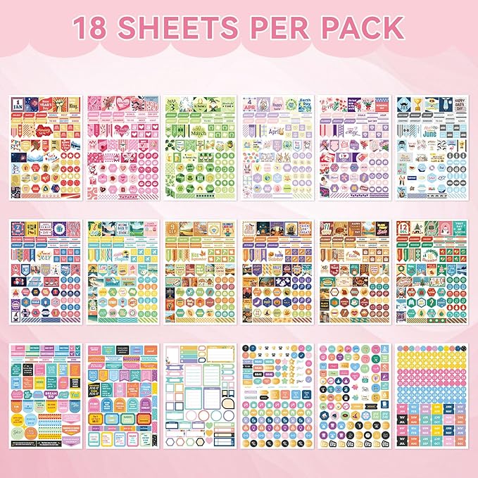 Ospelelf Planner Stickers, 18 Sheets Monthly Calendar Sticker Pack, Inspirational Motivational Quotes Festivals Label Sticker, for Decorating Organizers Scrapbooks Laptops Cups