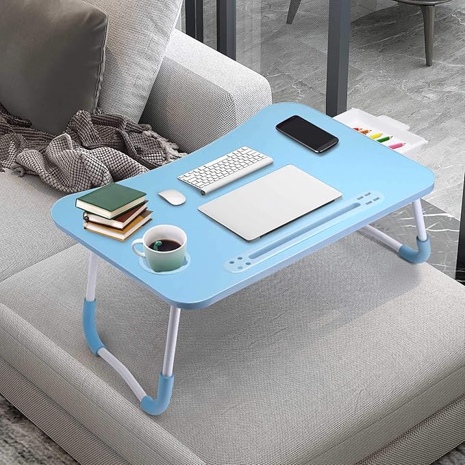 Slendor Lap Desk with Tablet Slot, Foldable Laptop Table with Storage Drawer for Bed,Portable Bed Desk for Laptop, Computer Tray with Cup Holder Notebook Stand Reading Holder for Couch Floor, Blue