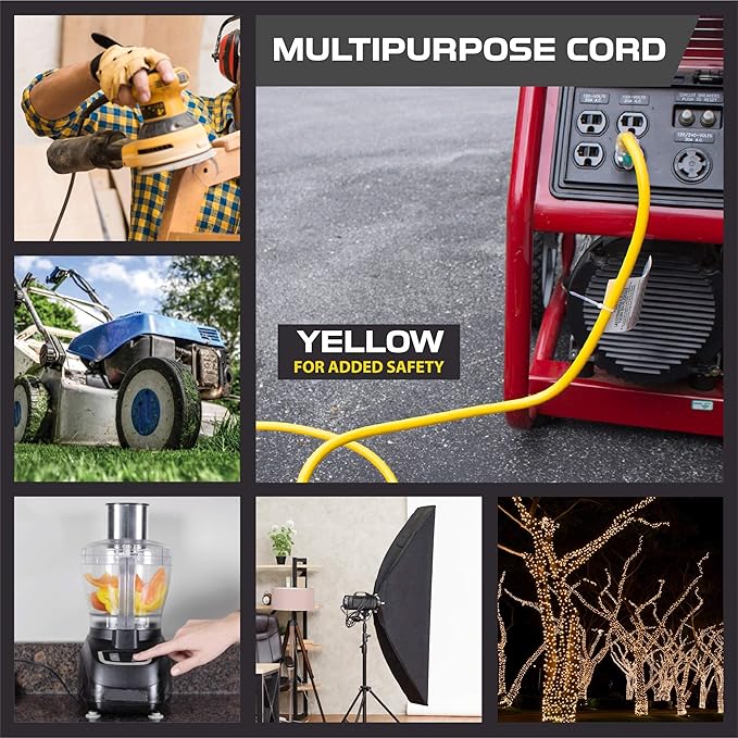 Iron Forge Cable 2 Foot Lighted Outdoor Extension Cord with 3 Outlets - 12/3 SJTW Heavy Duty Yellow Extension Cable 3 Prong - Multiple Outlets