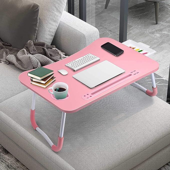 Slendor Lap Desk with Tablet Slot, Foldable Laptop Table with Storage Drawer for Bed,Portable Bed Desk for Laptop, Computer Tray with Cup Holder Notebook Stand Reading Holder for Couch Floor, Pink