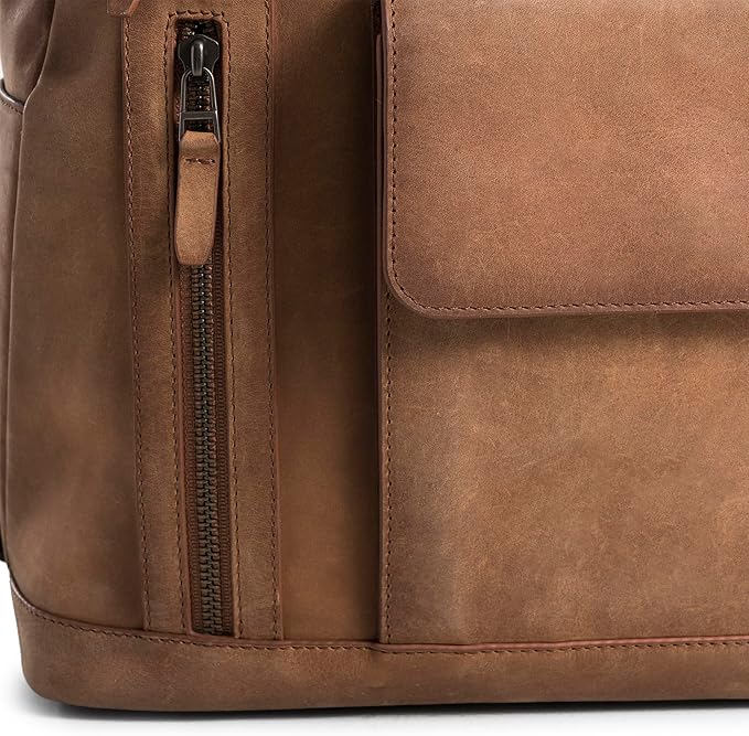 VELEZ Brown Leather Backpack for Men & Women - Large Capacity Laptop Travel Backpack with 17" Sleeve - Vintage Travel Bag with Adjustable Straps, Multiple Pockets & Trolley Sleeve