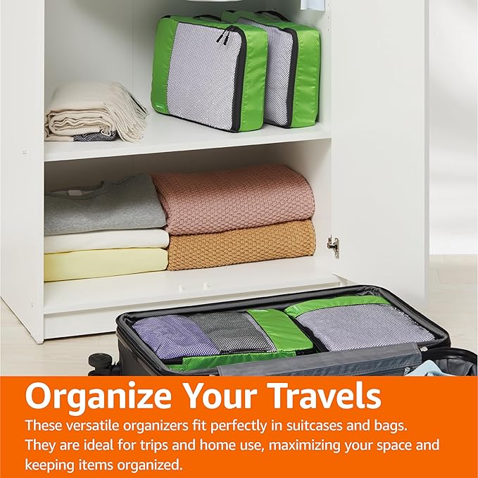 Amazon Essentials 4-Piece Packing Cubes Travel Accessories Set, Luggage Organizer with Double Zipper, Mesh Top, 100% Polyester, Medium, Green (Previously Amazon Basics)