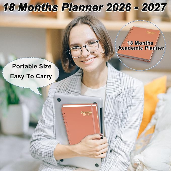 Day Planner 2026-2027, 2026 Weekly and Monthly Planner, Jan 2026-Jun 2027, 18 Month Calendar Planner with Tabs Sticker, A5 Size, Pink