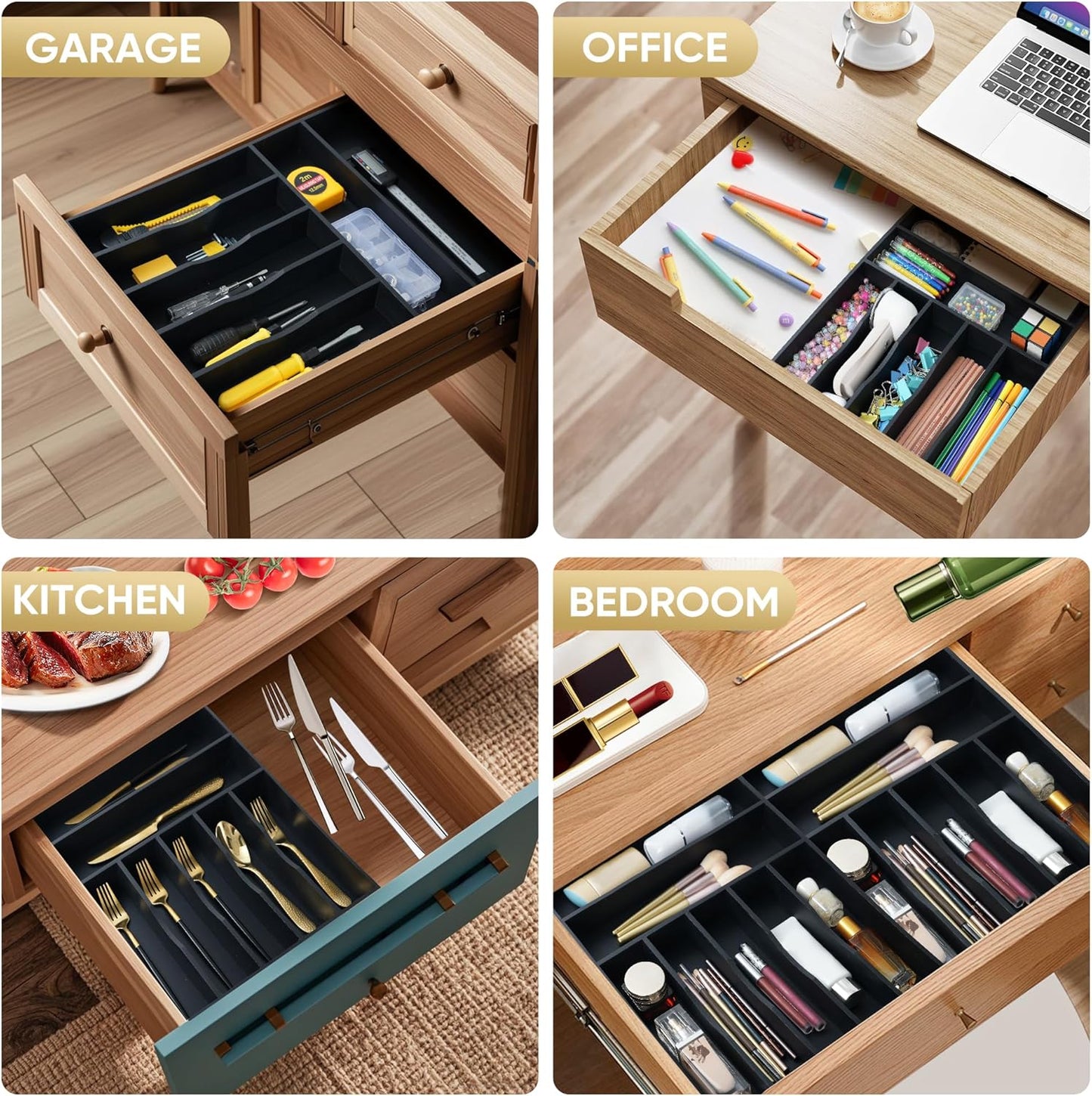 Silverware Organizer, 12.5 Inch Utensil Organizer Kitchen Drawer Organizer Bamboo Silverware Holder Cutlery Tray Organizer in Drawer Flatware Organizer Tray(7 slots, Black)