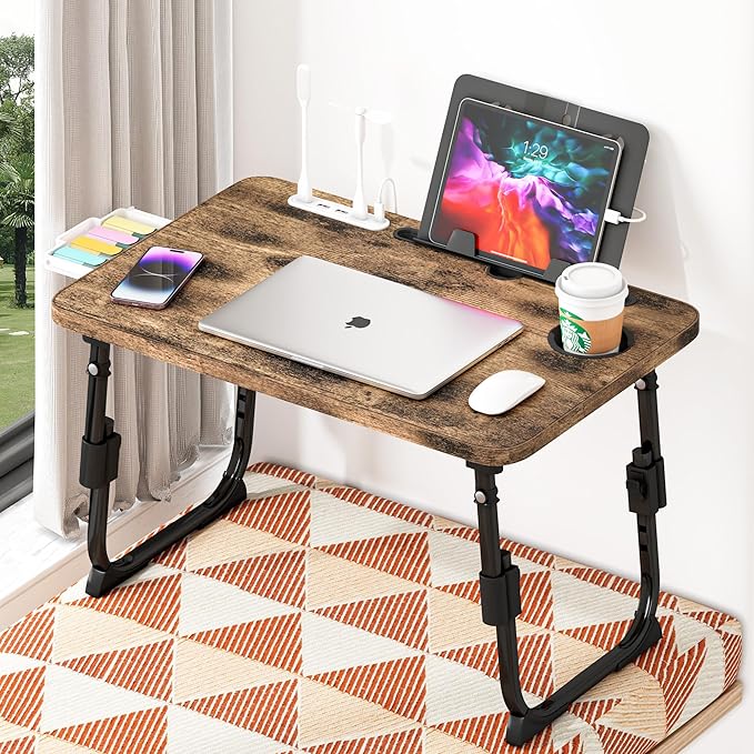 Laptop Desk for Bed Height Adjustable, Lap Bed Table with USB/Storage Drawer/Cup Holder/Tablet Stand/Book Shelf, Foldable Breakfast Tray Portable for Reading Writing, Sofa & Floor, Carbonized