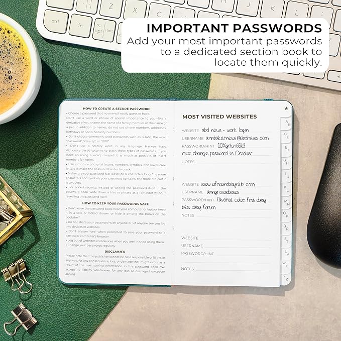 Clever Fox Password Book 2nd Edition Small – Pocket Password Keeper with Alphabetical Tabs – Internet Address Notebook & Login Details Organizer Journal – 3.5x5.6” (Dark Teal)