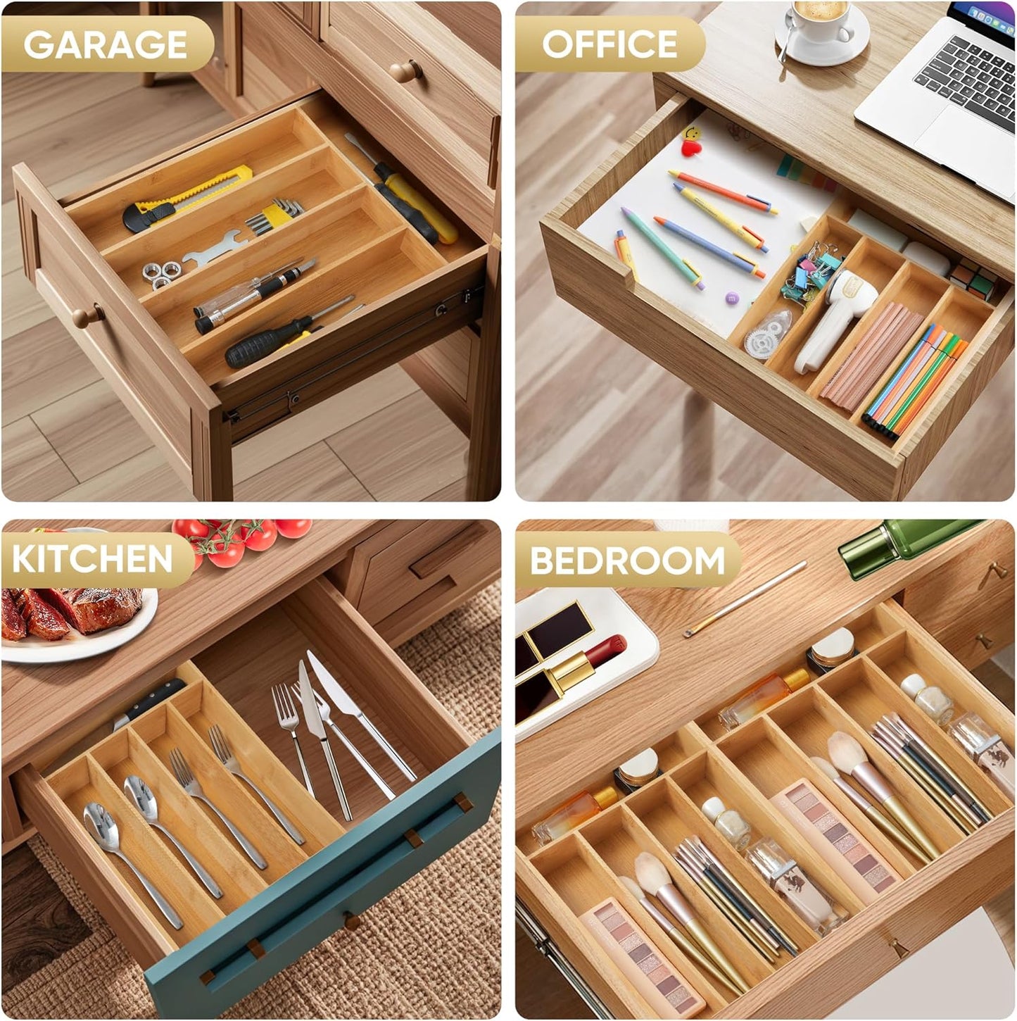 Silverware Organizer, 2 Pack 10 Inch Utensil Organizer Kitchen Drawer Organizer Bamboo Silverware Holder Cutlery Tray Organizer in Drawer Flatware Organizer Tray(5 slots, Natural)