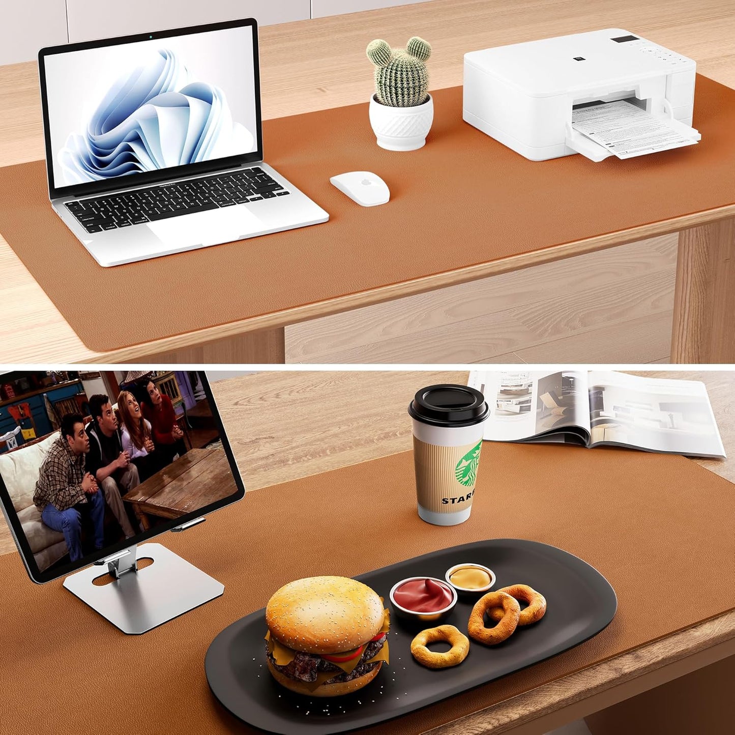 Aothia Double-Sided Desk Pad, 35.4" x 15.7"Leather Desk Mat, Eco Cork Desk Pad Protector,Large Mouse Pad,Waterproof Desk Blotter for Office/Home(Brown)