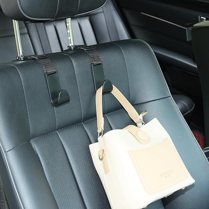 Amooca Headrest Hooks for Car Adjustable 4 Pack Vehicle Seat Back Organizer Storage Hanger Holder for Purse Bags Universal Fit with Clip Black