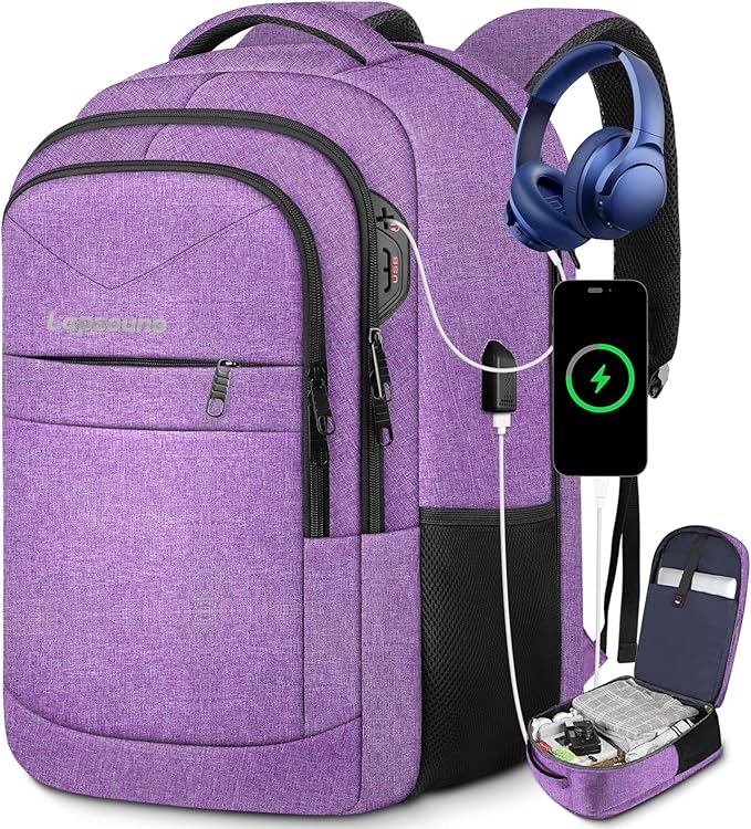 Lapsouno Extra Large Travel Backpack, Travel Laptop Backpack, Multiple Pockets 17.3 Inch Carry on Backpack with USB Port, TSA Friendly Water Resistant College School Business Bag for Women, Purple