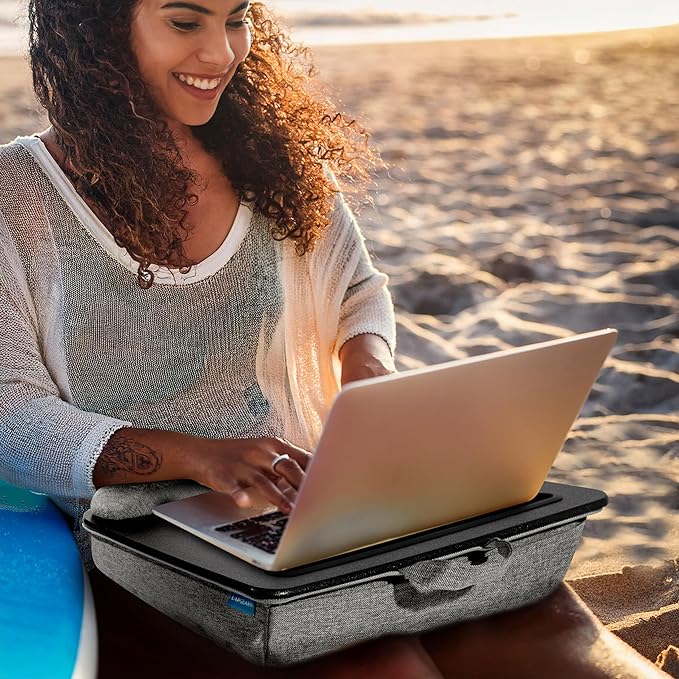 LAPGEAR Portable Laptop Lap Desk with Pillow Cushion, Anti-Slip Strip, Tablet or Phone Storage Slot, Pen and Pencil Pocket, and Wrist Rest - Black - Fits up to 15.6 Inch Laptops - Style No. 91348