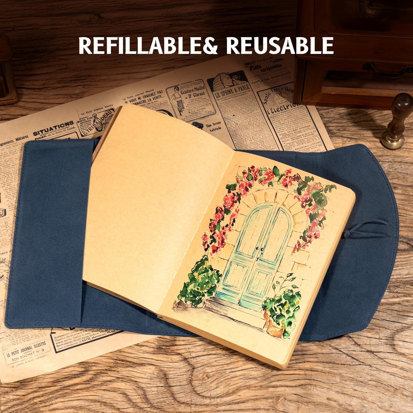 Vintage Leather Journal for Women Men, Junk Journal Notebook Soft Cover, Book of Shadows Journals for Travel Diary Scrapbook Sketchbook Journaling Writing, Blue