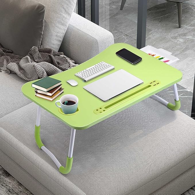 Slendor Lap Desk with Tablet Slot, Foldable Laptop Table with Storage Drawer for Bed,Portable Bed Desk for Laptop, Computer Tray with Cup Holder Notebook Stand Reading Holder for Couch Floor, Green