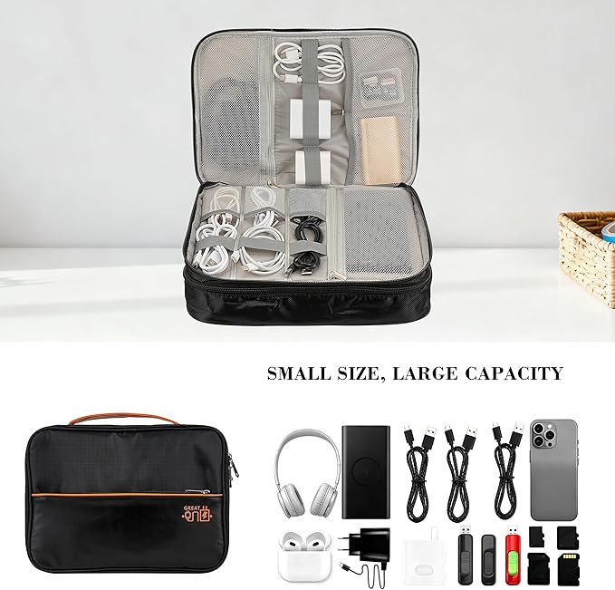 Electronics Accessories Organizer Bag, Waterproof Double Layer Travel Cable Organizer Case for Cords, Charger, Power Bank, Hard Drive, Mouse – Shockproof Tech Storage Pouch for Travel & Home (Black)