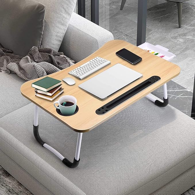 Slendor Lap Desk with Tablet Slot, Foldable Laptop Table with Storage Drawer for Bed,Portable Bed Desk for Laptop, Computer Tray with Cup Holder Notebook Stand Reading Holder for Couch Floor, Walnut