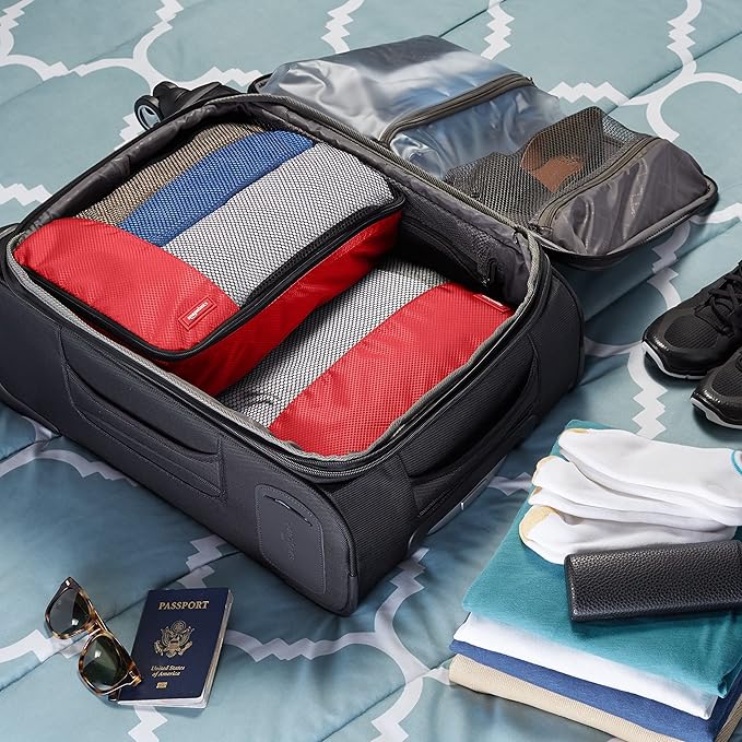 Amazon Essentials 4-Piece Packing Cubes Travel Accessories Set, Luggage Organizer with Double Zipper, Mesh Top, 100% Polyester, 2 Medium/2 Large, Red (Previously Amazon Basics)