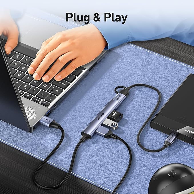 BENFEI 4-Port USB Hub: 1x 10Gbps USB 3.2 + 3X USB 2.0- for Mouse, Keyboard, Flash Drive, Printer - Compatible with Laptop, PC, Xbox, PS5