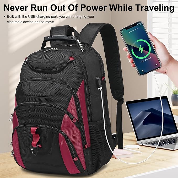 Boavan Laptop Backpack for men, 17.3 inch Laptop Bag with USB Port, Waterproof Travel Work Backpack Purse, Anti-Theft Teacher Nurse Doctor Casual Bookbags Office Business backpack,Black&Russet Red