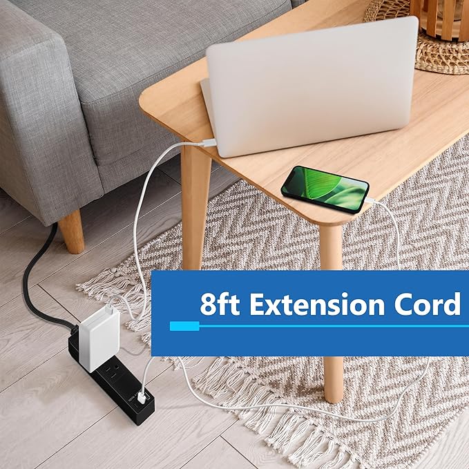 LIDER Outlet Extender with 3 Receptacles, 21W USB Type-A, and 2 USB Type-C, Ultra-Thin Wall Plate Plug with Cord Extender, 3-Outlet Power Strip, Flat-Face, Slim Design, ETL-Listed, 8ft Cord, Black