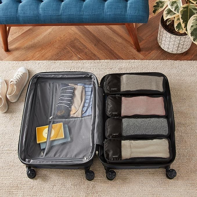Amazon Essentials 4-Piece Packing Cubes Travel Accessories Set, Luggage Organizer with Double Zipper, Mesh Top, 100% Polyester, Slim, Black (Previously Amazon Basics)