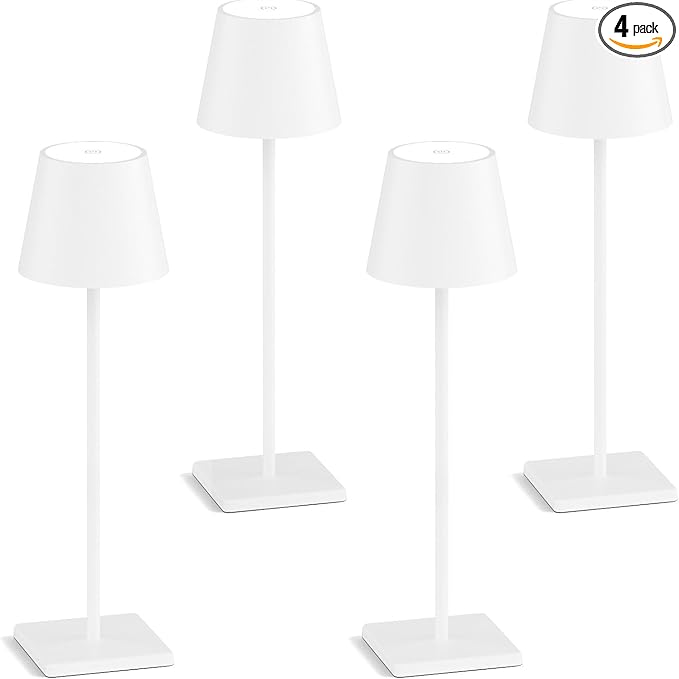 4-Pack Rechargeable Table Lamps, LED Cordless Table Lamp, 3W 6000mAh Battery Operated Table Light, Stepless Dimming Portable Table Light Waterproof for Restaurant/Indoor/Outdoor (White)