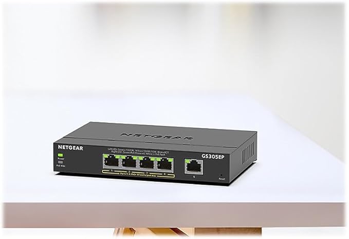 NETGEAR 5 Port PoE Gigabit Ethernet Easy Smart Managed Essentials Switch (GS305EP) - with 4 x PoE+ @ 63W, Desktop or Wall Mount