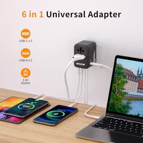 Universal Travel Adapter, PD 35W (Single Port) Fast Charging, International Plug Adapter with 3 USB-C and 2 USB-A, Travel Adapter Global Output Converter, (for US, EU, UK and Australia, Black)