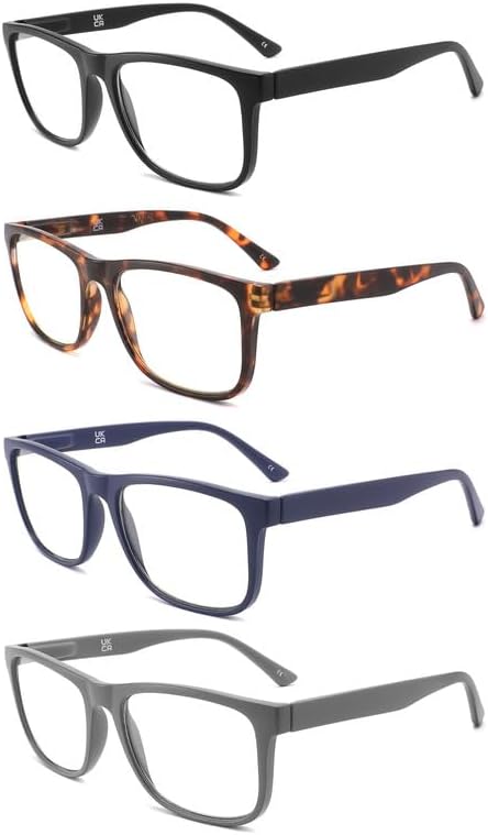 Reading Glasses for Women Men, 0.0 to 4.0 Strength, Lightweight Blue Light Blocking Readers with Spring Hinges (4-Pack) –Anti Eyestrain/UV Ray Eyeglasses/Trendy Classic/Fashion Frame(1.00x)