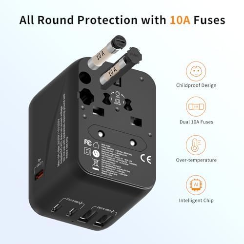 Universal Travel Adapter, PD 35W (Single Port) Fast Charging, International Plug Adapter with 3 USB-C and 2 USB-A, Travel Adapter Global Output Converter, (for US, EU, UK and Australia, Black)